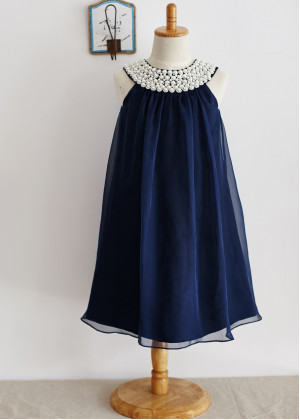 Navy Blue Chiffon Pearls Embellished Slit Back Short Flower Girl Dress